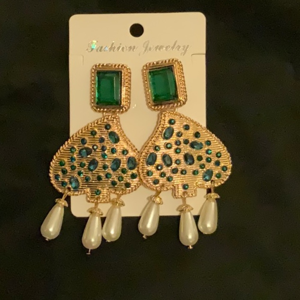 Green Rhinestone and Pearl Earrings